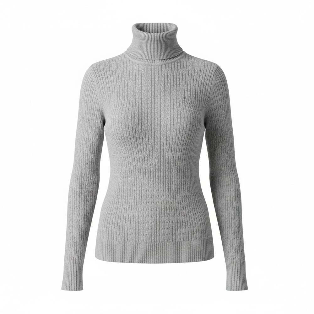 Cliche Women's Tan Ribbed Cable Knit Turtleneck Sweater